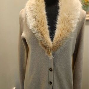 Banana Republic Beige Cardigan with Faux Fur Collar